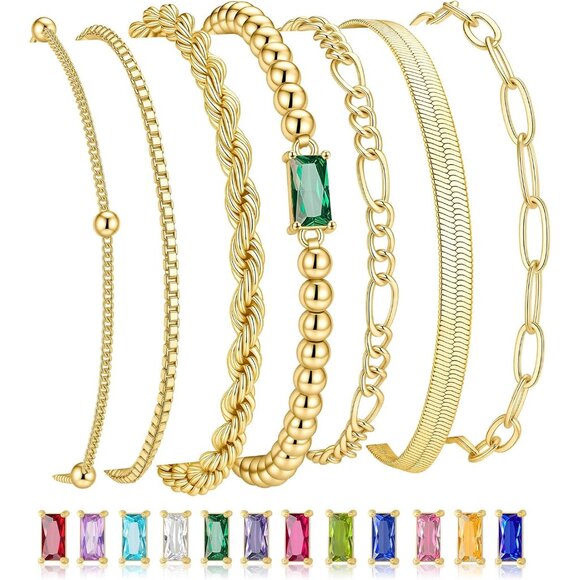 Jewelry - Gold Birthstone Bracelets Stack for Women, 14K Real Gold Plated Beaded Bracelets